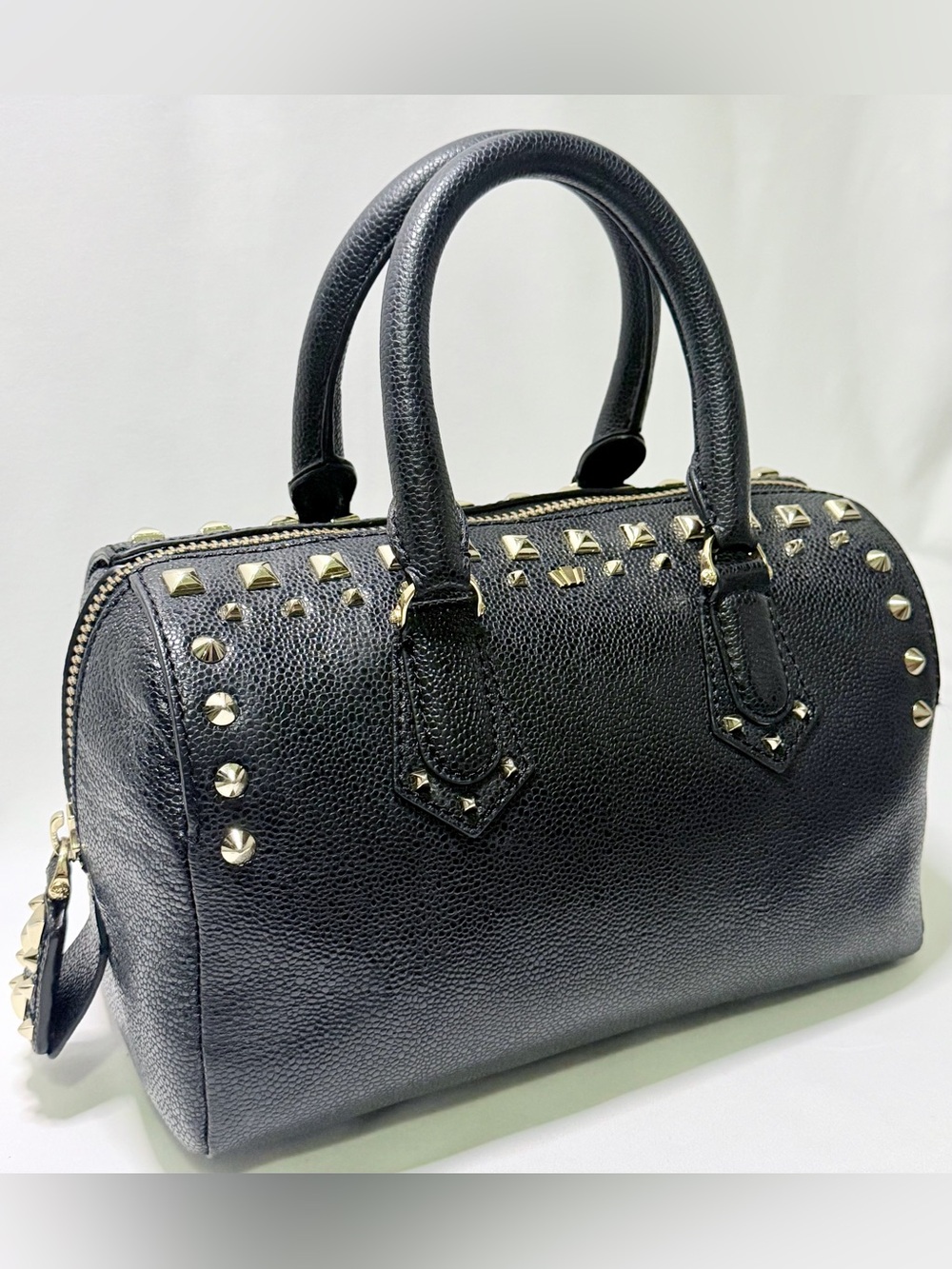 Henri Bendel West 57th Black Leather Studded Barrel Satchel Boston Bag